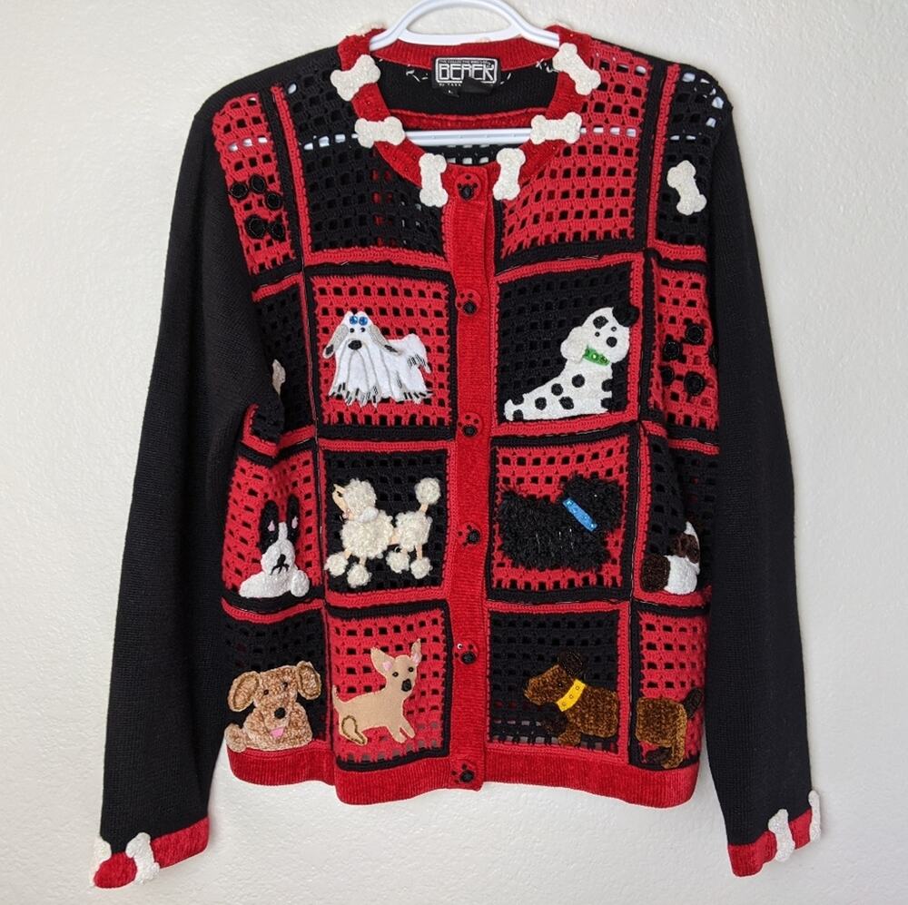 Dog lover knit cardigan. Poodle, Scotty, Maltese, more sz L